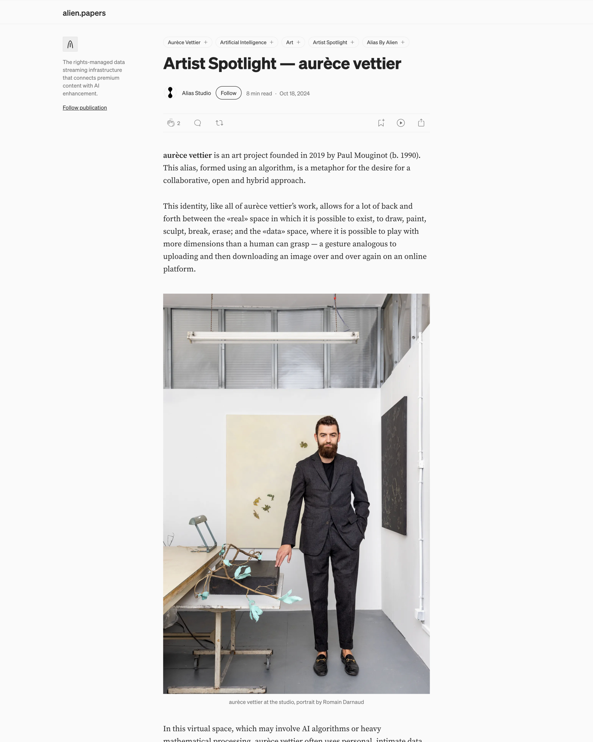 아티스트 스포트라이트 — aurèce vettier — 매거진 커버, alien.papers 발행, 2024, Alias Studio 작성