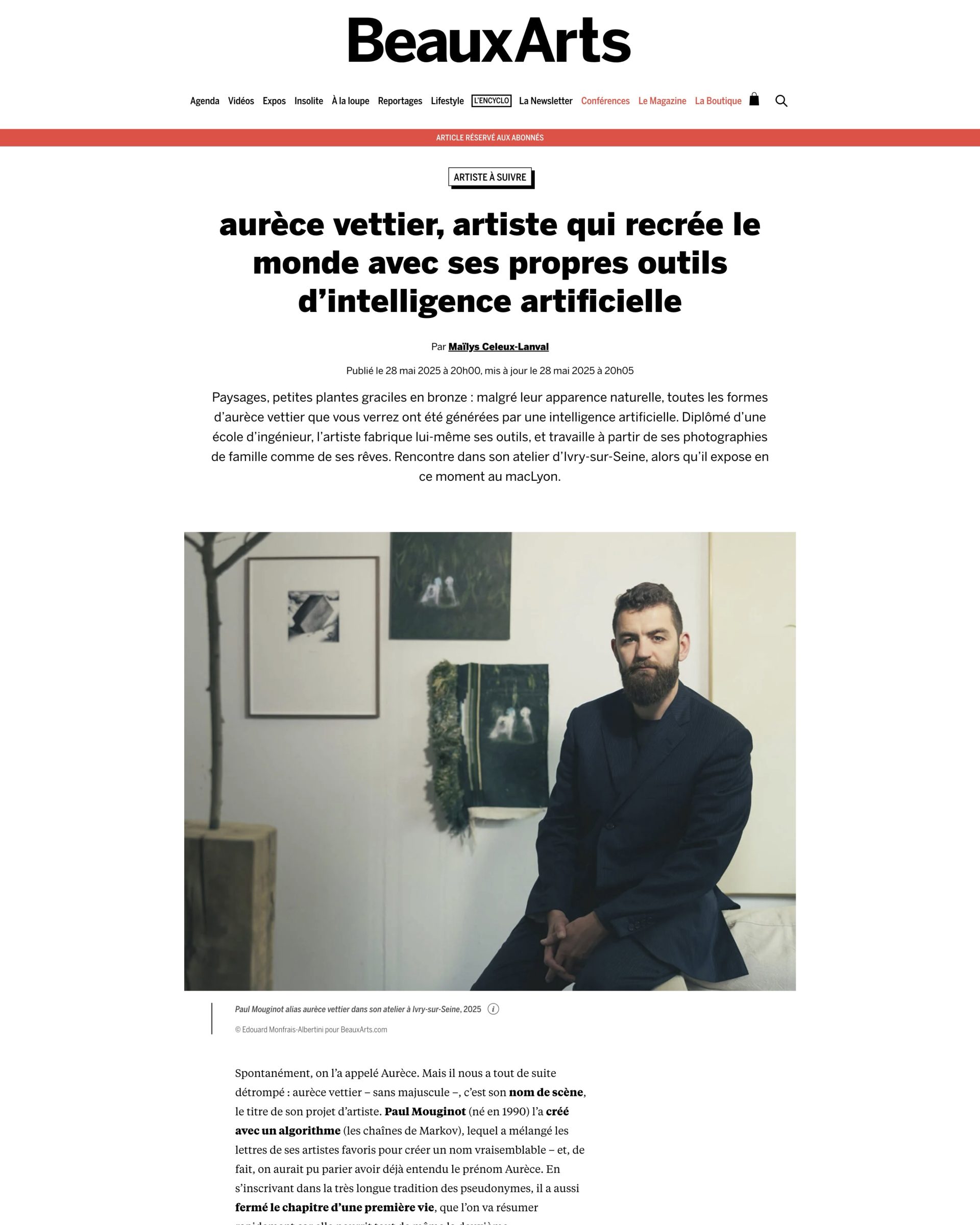 aurèce vettier, 자신만의 인공지능 도구로 세상을 재창조하는 아티스트 — 매거진 표지, Beaux Arts Magazine 발행, 2025년, Maïlys Celeux-Lanval 작성
