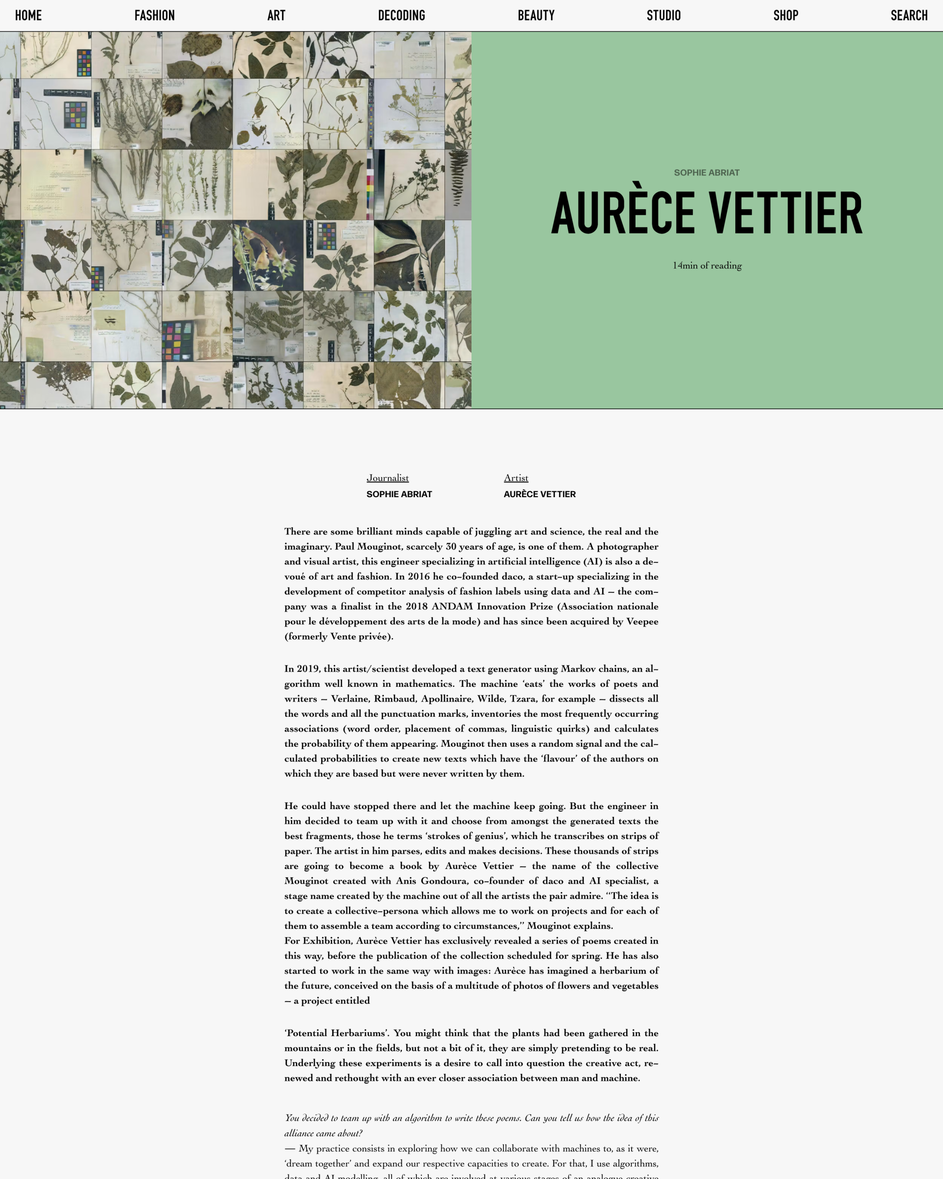 aurèce vettier بقلم Sophie Abriat — غلاف مجلة، نُشر بواسطة Exhibition Magazine، عام 2019، كتبته Sophie Abriat