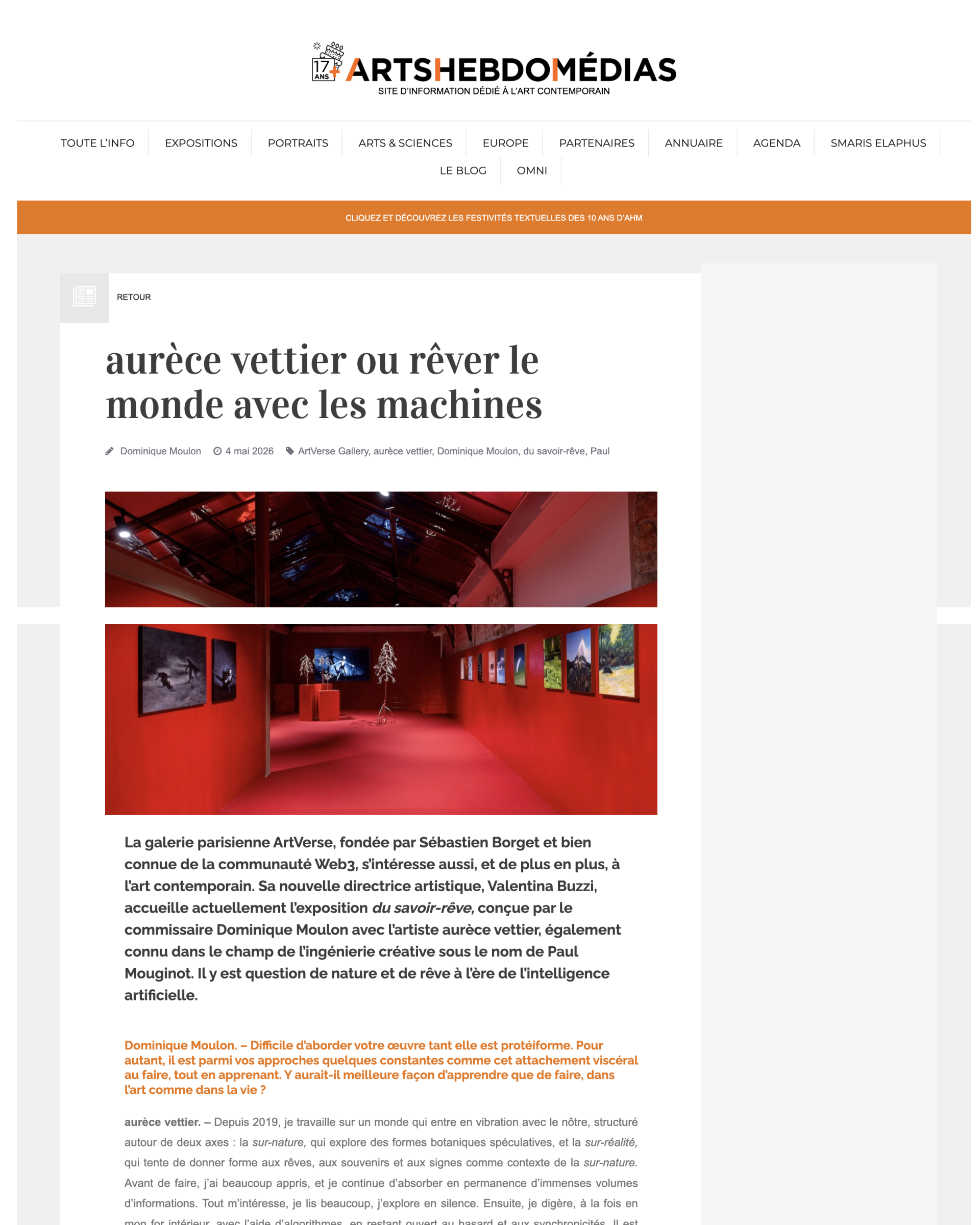 aurèce vettier ou rêver le monde avec les machines — غلاف مجلة، نشرته ArtsHebdoMédias، 2026، بقلم Dominique Moulon