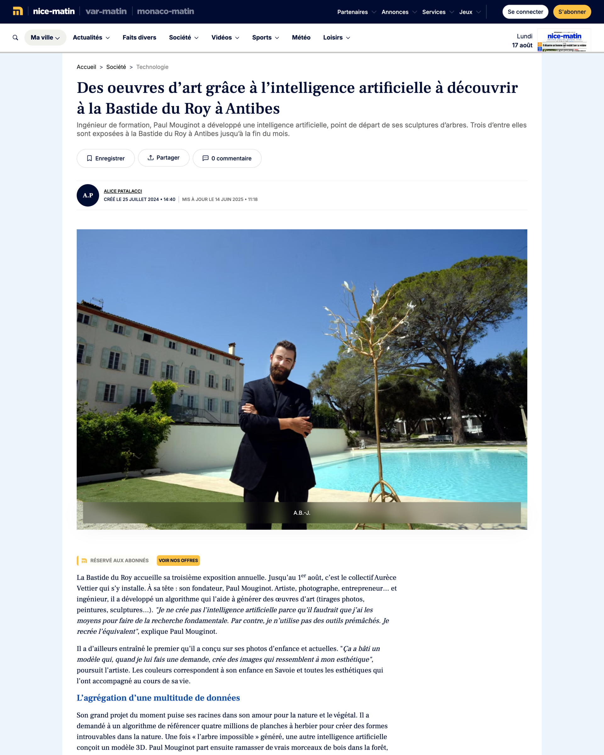 인공지능 덕분에 탄생한 예술 작품들, Antibes(앙티브)의 Bastide du Roy에서 만나보다 — 매거진 표지, Nice Matin 발행, 2024년, Alice Patalacci 작