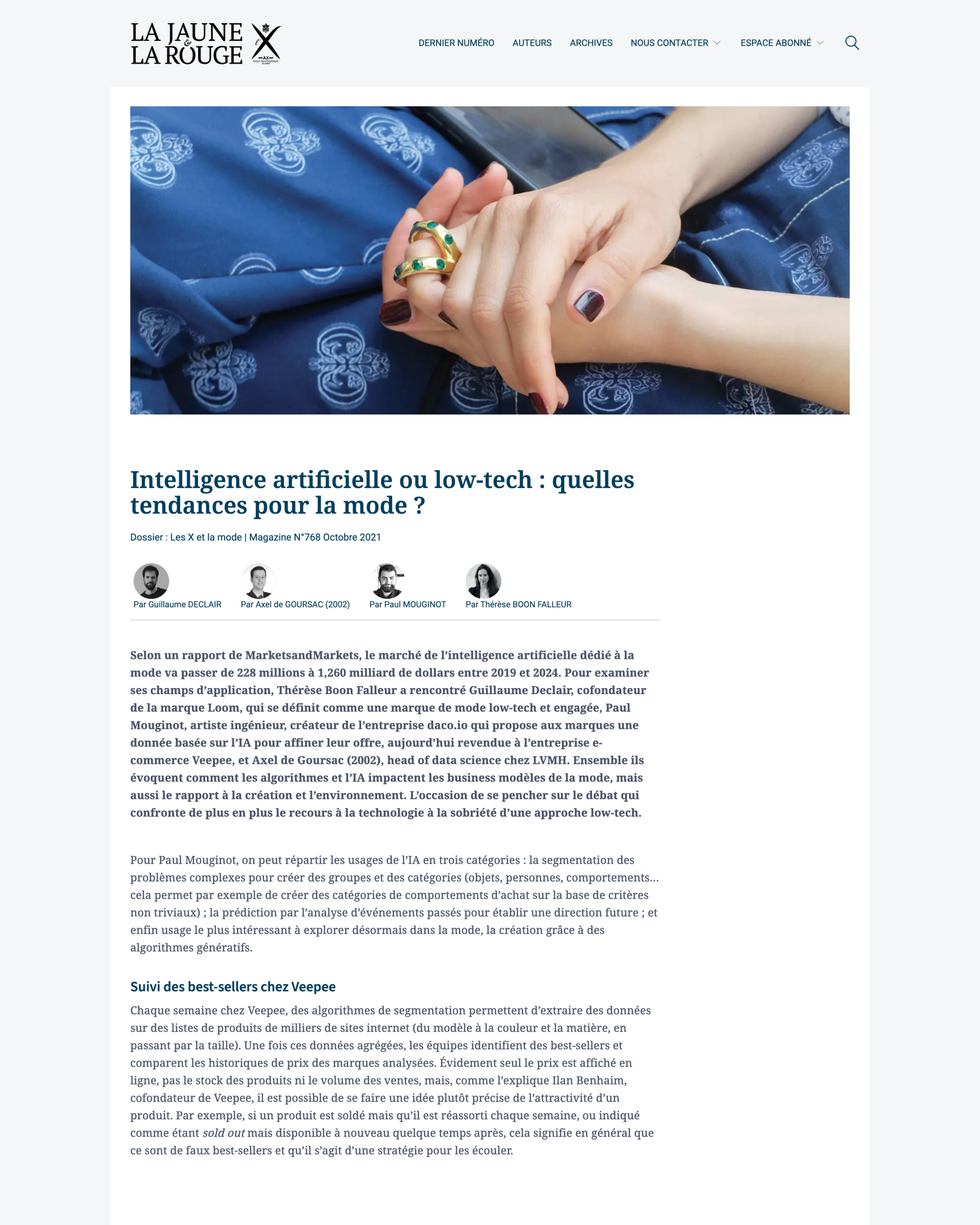 Intelligence artificielle ou low-tech : quelles tendances pour la mode ? — magazine cover, published by La Jaune et la Rouge, 2021, written by Axel de Goursac and Thérèse Boon Falleur and Guillaume Declair
