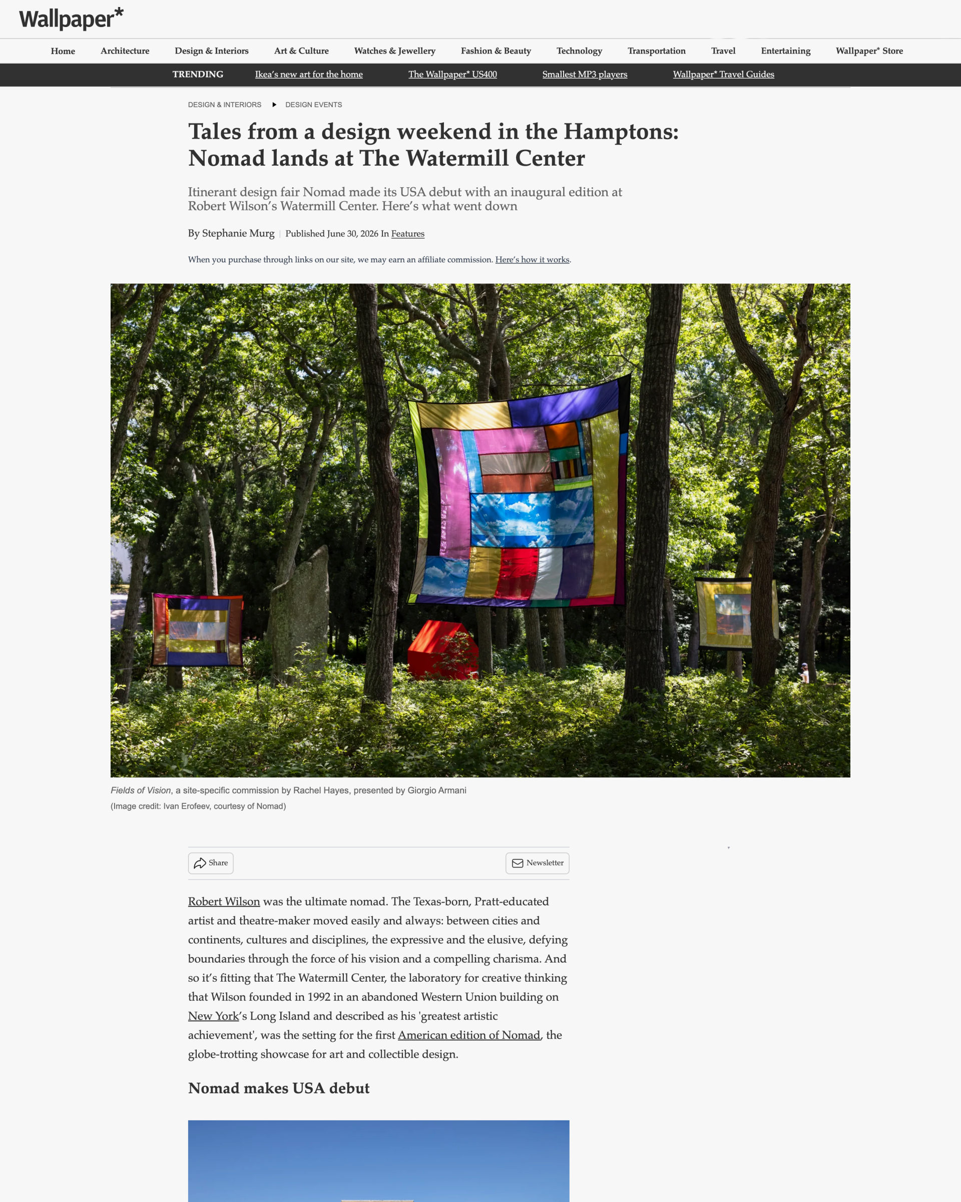 汉普顿设计周末的故事:NOMAD登陆The Watermill Center——杂志封面,由Wallpaper*出版,2026年,作者Stephanie Murg