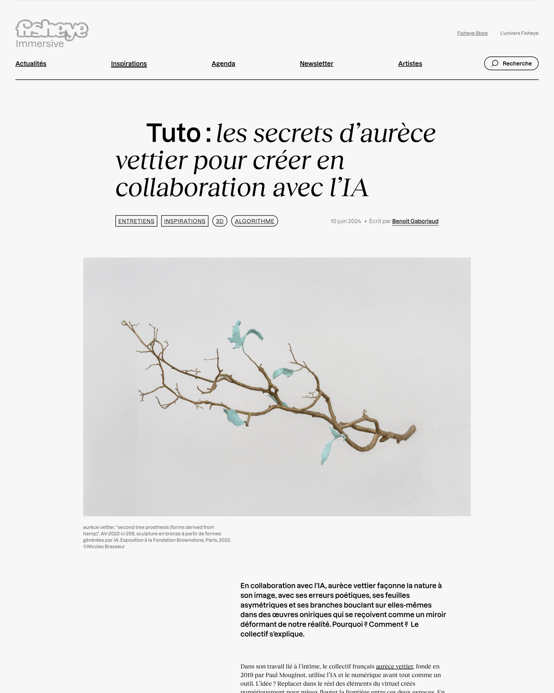 튜토리얼: aurèce vettier가 밝히는 AI와 협업하여 창작하는 비법 — 매거진 커버, Fisheye Immersive 발행, 2024년, Benoît Gaboriaud 작성