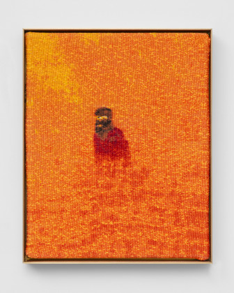 Kalash Criminel emerging from a Rothko painting (papal attempt), Tapestry from an AI-generated image, Cotton, Wool, Viscose, Metallic fiber, Acrylic, Polyester and Sequins, 37 x 25 cm, 2025, from the Tapestries series