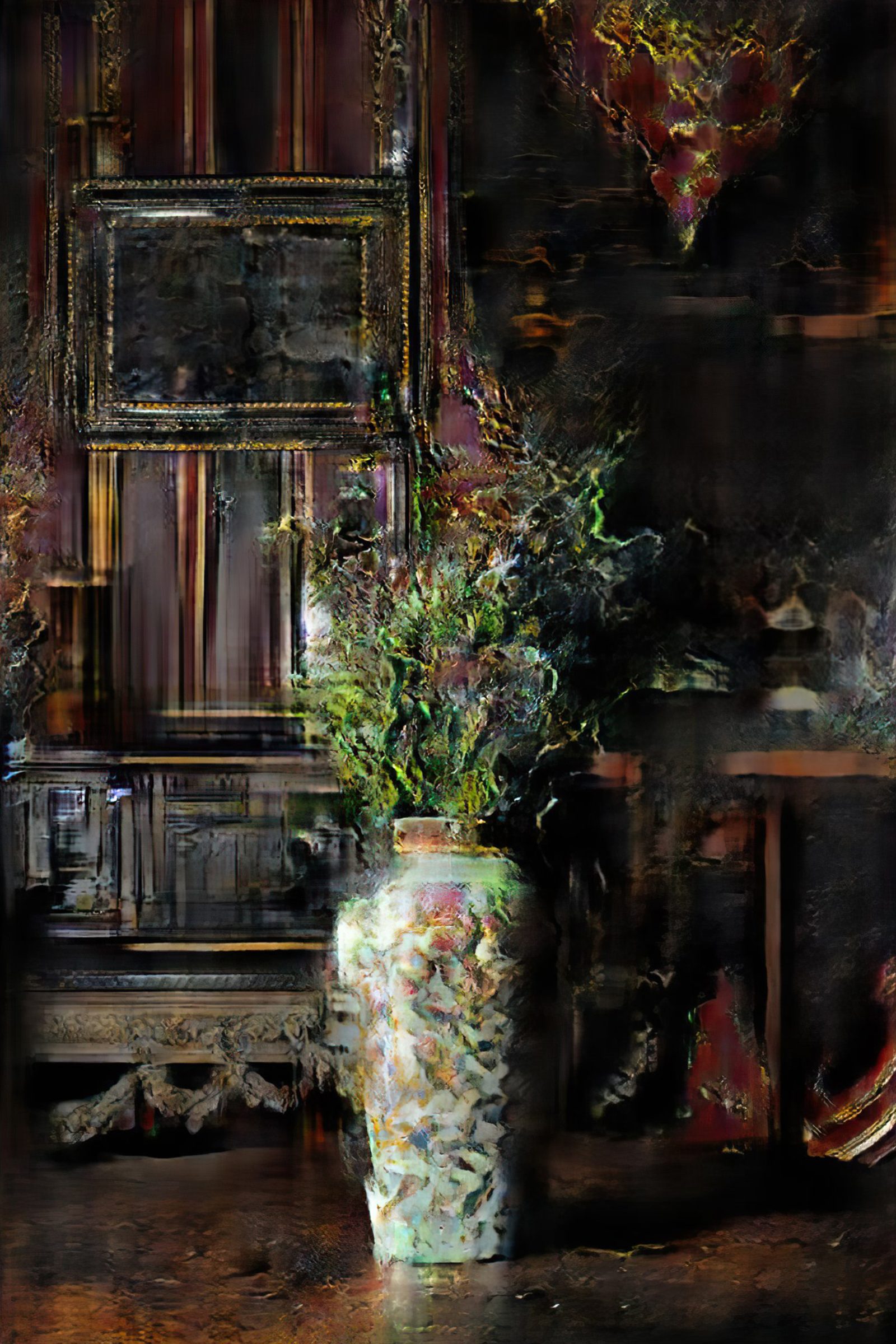 소리 없이 청록색은 그녀의 손에서 빛이 되었고, AI 생성 이미지에서 Hahnemühle Photo Rag 용지에 디지털 인쇄, 90 × 60 cm, 2021, Impossible Flowers 시리즈에서