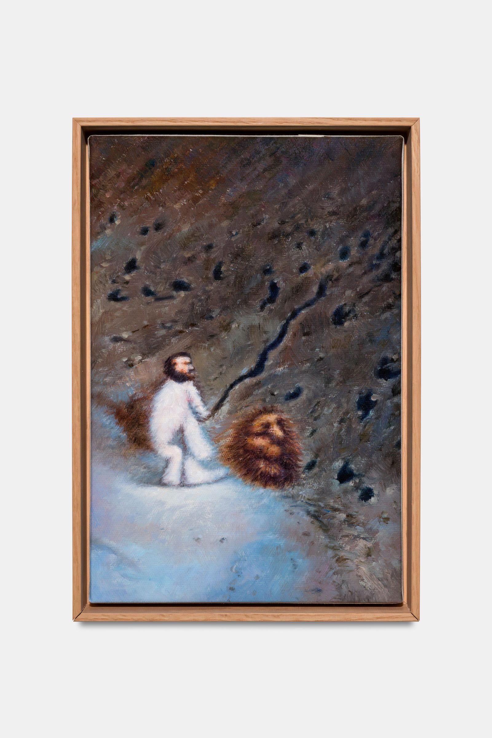a bearded man walking on the Moon, Oil on canvas from an AI-generated image, oak frame, gold leaf, 30 x 20 cm, 2021, from the Circular Ruins series