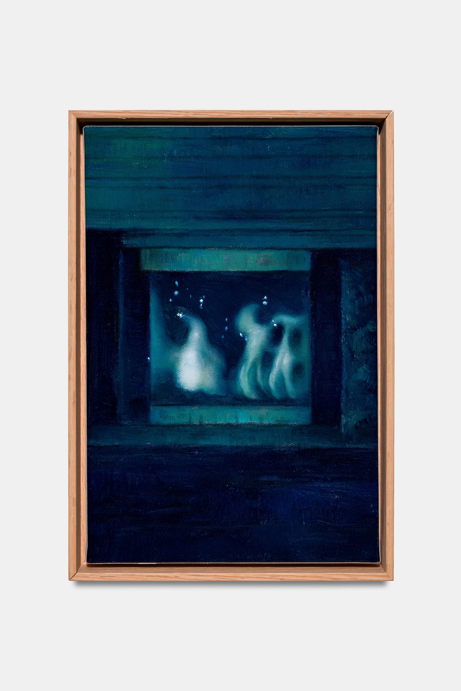 밤에 춤을 추는 유령 가족, AI 생성 이미지의 캔버스유화, 참나무 액자, 금박, 30 x 20 cm, 2021, 순환하는 폐허 시리즈의 일부
