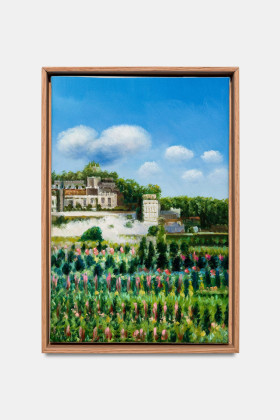 フランスの城とそのリンゴ園、AI生成画像からのキャンバスに油彩、オーク材フレーム、金箔、30 x 20 cm、2021年、「円形の遺跡」シリーズより