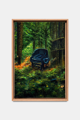 森の中のポルシェ、AI生成画像から描いたキャンバスに油彩、オーク材フレーム、金箔、30 x 20 cm、2021年、「循環する遺跡」シリーズより