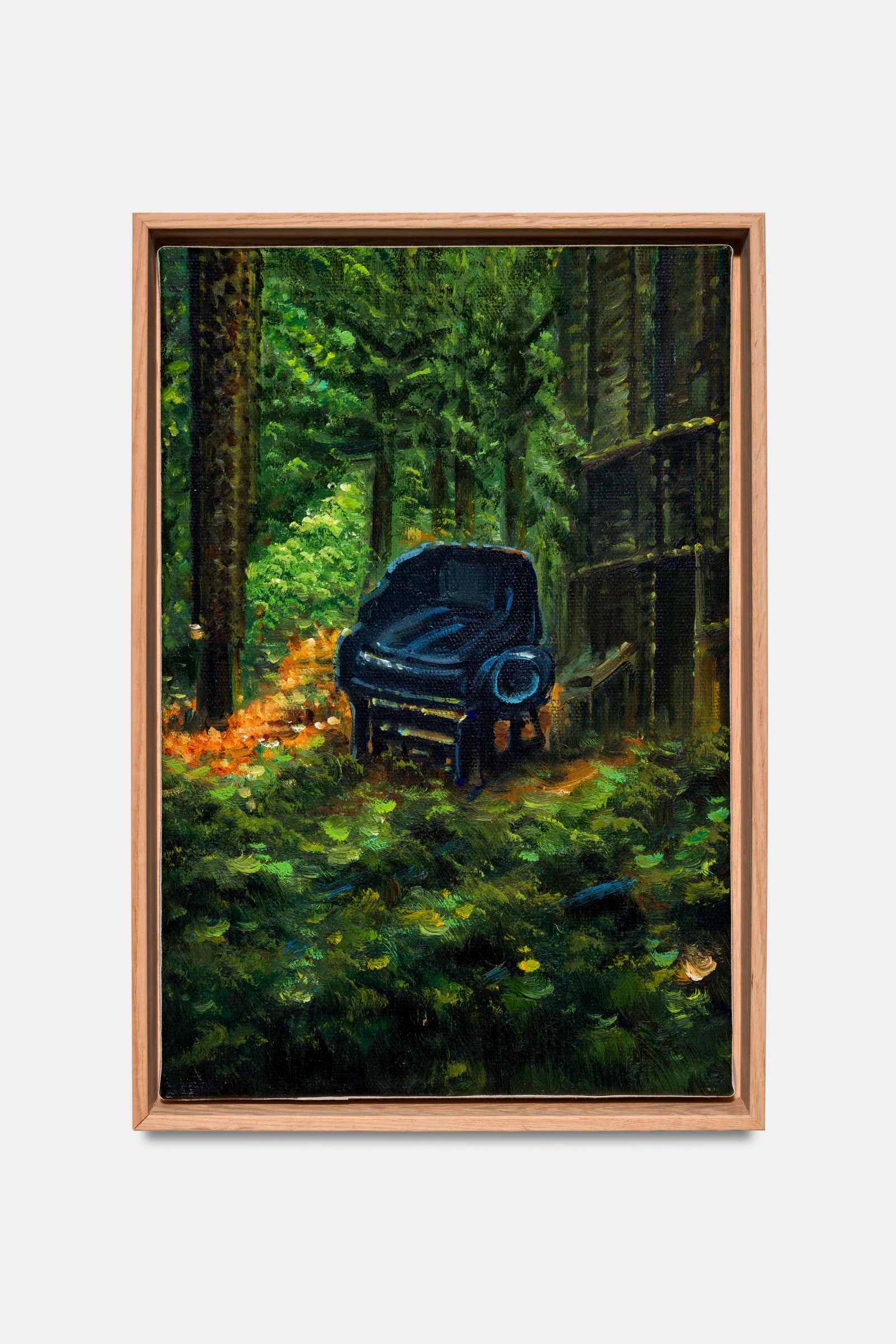 a Porsche in the forest, Oil on canvas from an AI-generated image, oak frame, gold leaf, 30 x 20 cm, 2021, from the Circular Ruins series