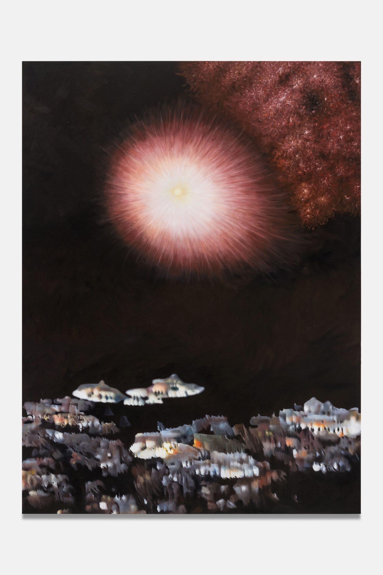 a supernova exploding above Castellaras-Le-Neuf, Oil on canvas from an AI-generated image, 200 x 150 cm, 2024, from the the light that is not seen series