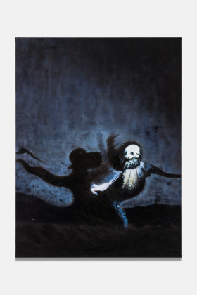 الموت يقضي الوقت مع ذكاء اصطناعي، زيت على قماش من صورة مولدة بالذكاء الاصطناعي، 60 × 45 سم، 2024، من سلسلة النور الذي لا يُرى
