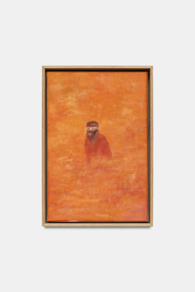 Kalash Criminel emerging from a Rothko painting, Oil on canvas from an AI-generated image, oak frame, gold leaf, 30 x 20 cm, 2021, from the Circular Ruins series