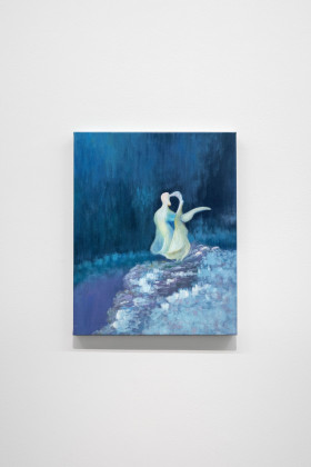 حب يتجاوز الموت (محاولة)، زيت على قماش من صورة مولدة بالذكاء الاصطناعي، 50 × 40 سم، 2024، من سلسلة le travail des rêves
