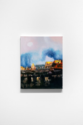 نوتردام تحترق (محاولة)، زيت على قماش من صورة مُنشأة بالذكاء الاصطناعي، 50 × 40 سم، 2024، من سلسلة le travail des rêves
